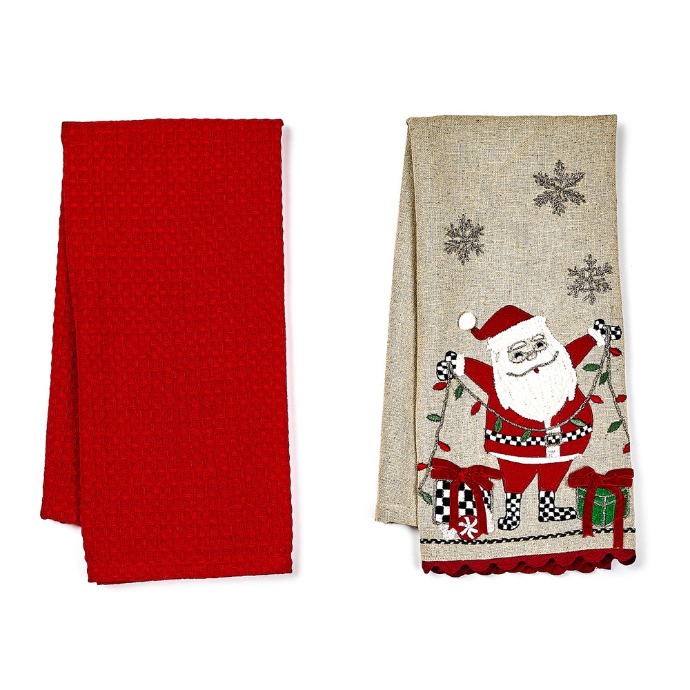 MACKENZIE-CHILDS Mackenzie-chilllds Santa with Tree Lights Embroidered Dish Towels, Set of 2