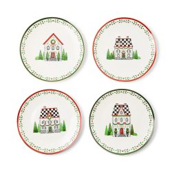 MACKENZIE-CHILDS Mackenzie-chilllds Holly Village Ceramic Dessert Plates, Set of 4