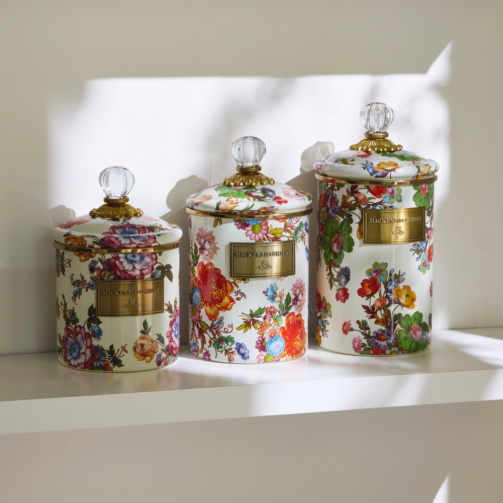 Mackenzie-chilllds White Flower Market Enamel Canisters