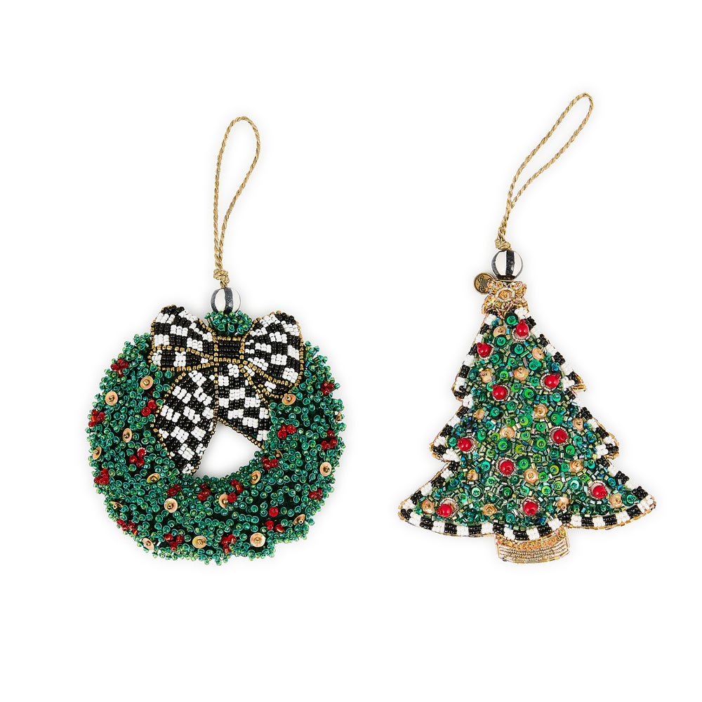 MACKENZIE-CHILDS Mackenzie-chilllds Holiday Beaded Wreath & Tree Ornaments, Set of 2